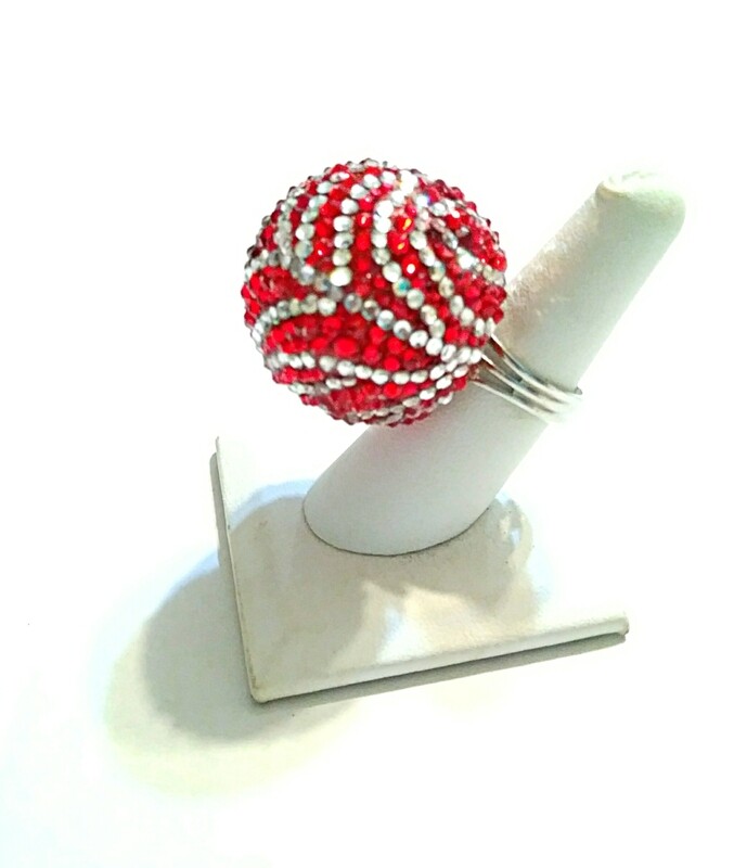Red & White Disco Ball Ring (Large) - Silver Ring - Adjustable