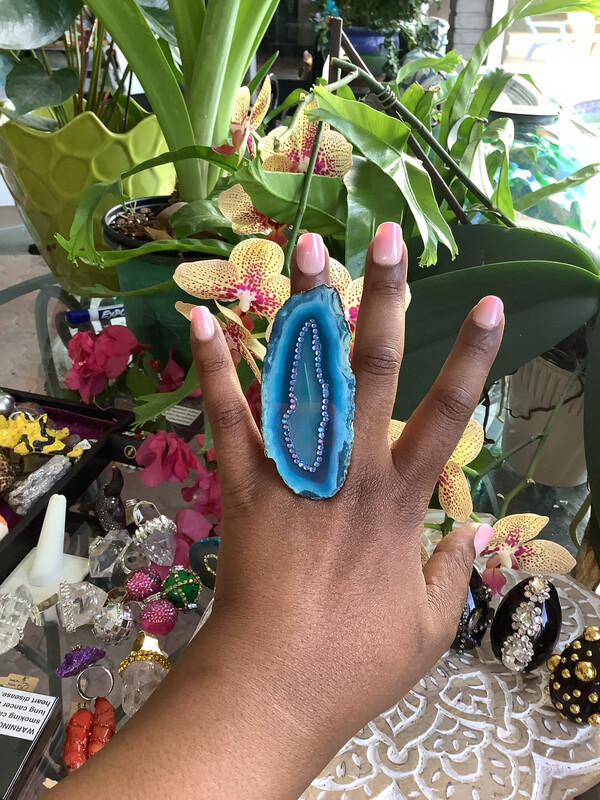 Blue Agate Ring w/Swarovski Rhinestones