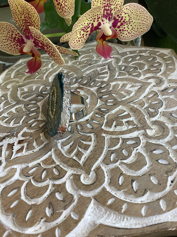 Blue Agate Ring w/ White Rhinestones