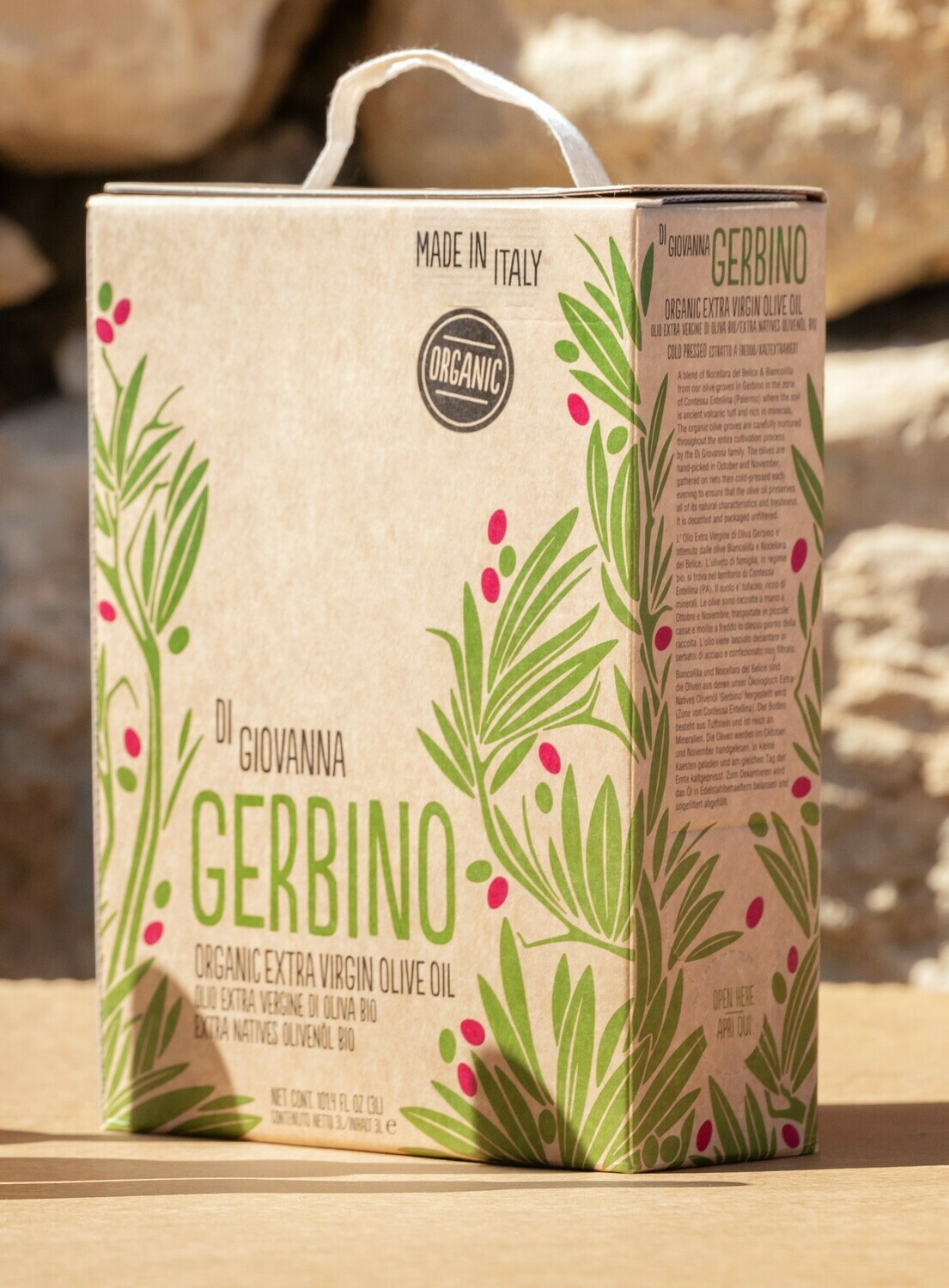 GERBINO Organic Olive Oil - 3 Lt. Bag in Box - 2025/2026 Harvest