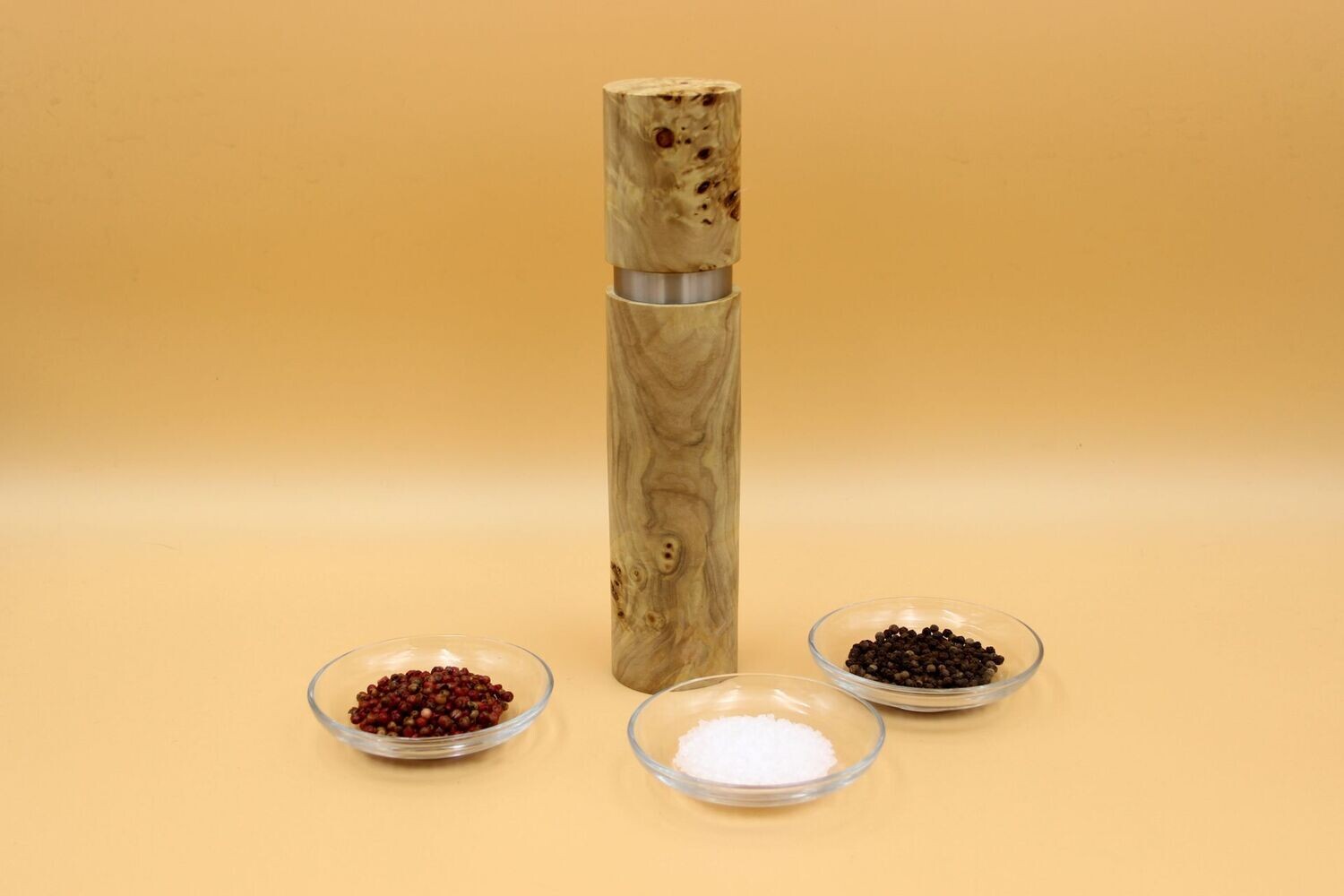 Gewürzmühle aus Pappel Maser mit Edelstahlring