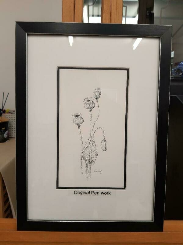 'Poppy Seed study' original pen art by Natalie Mascall, drawn with a pen but with dots ©