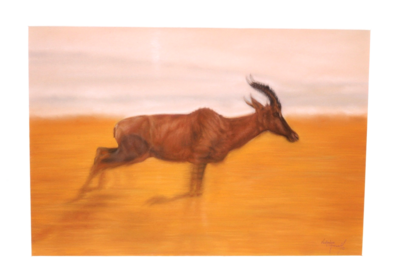 '...with haste!' An original pastel drawing by Natalie Mascall © of a Topi, an African antelope