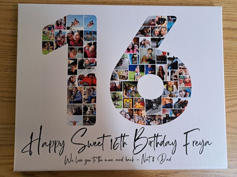 NEW Personalised number photo collages on canvas 16 NEW Personalised number photo collages on canvas 16" x 20". They make wonderful gifts. Your images inserted into the relevant number to the celebration. Each one made to order, hand-made.