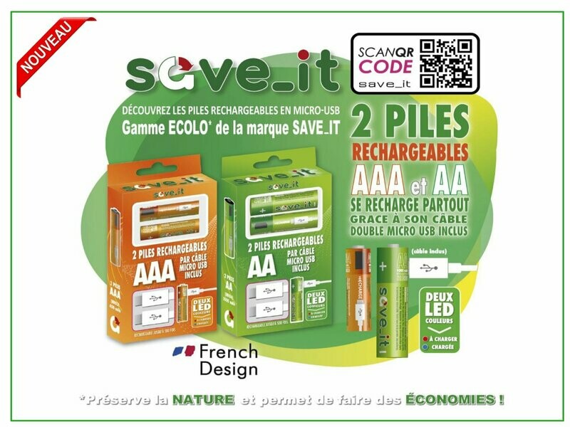 Piles rechargeables par micro USB LR03 (x2) SAVE IT *