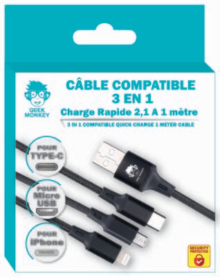 CABLE 3 EN 1 MICRO USB/IPHONE/TYPE C *