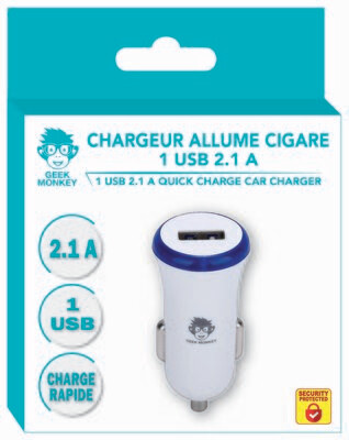 CHARGEUR ALLUME CIGARE 1 USB 2.1A+CABLE IPHONE QUICK CHARGE *