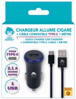 CHARGEUR ALLUME CIGARE 1 USB 2.1A+CABLE TYPE C QUICK CHARGE *