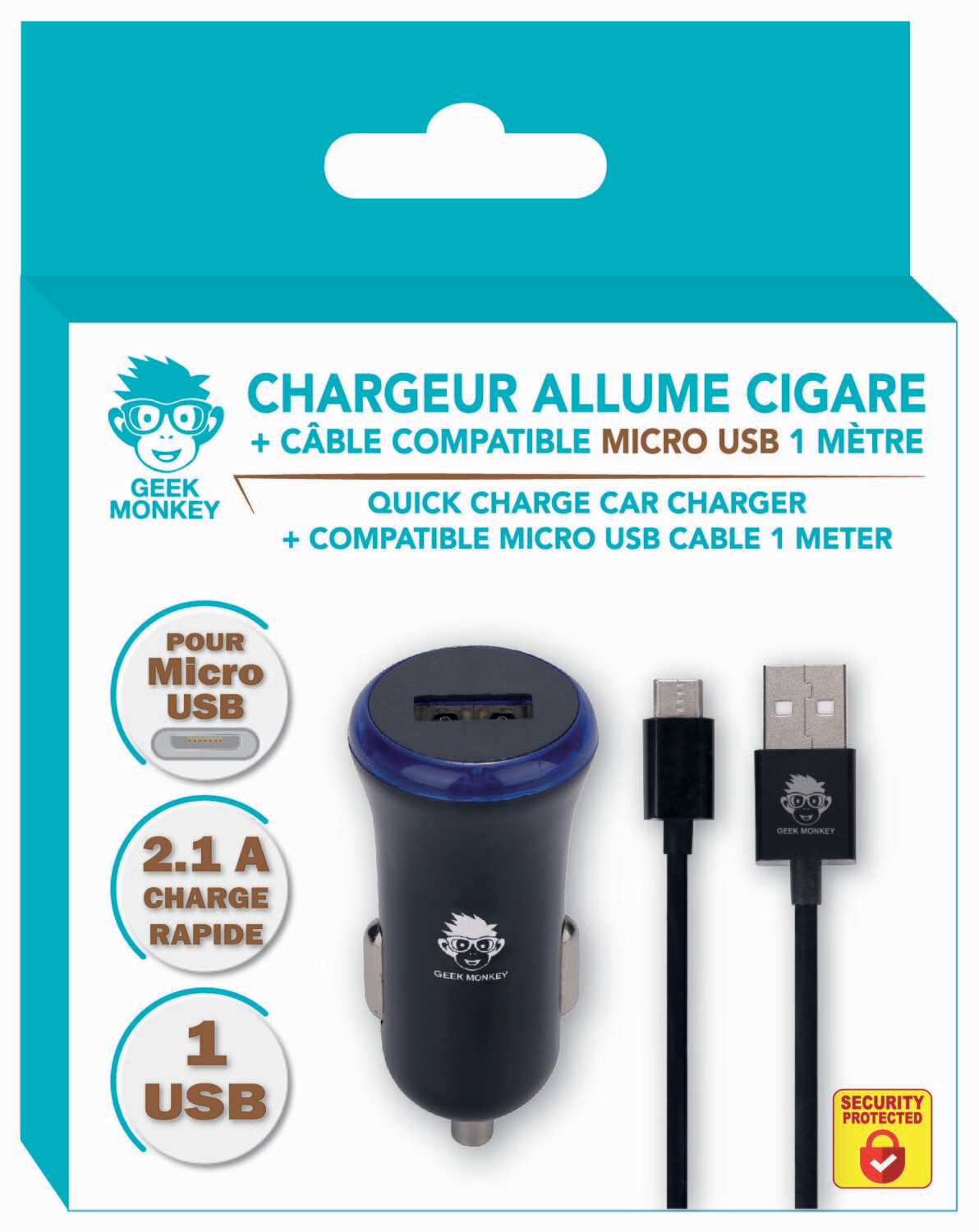 CHARGEUR ALLUME CIGARE 1 USB 2.1A+CABLE MICRO USB QUICK CHARGE *