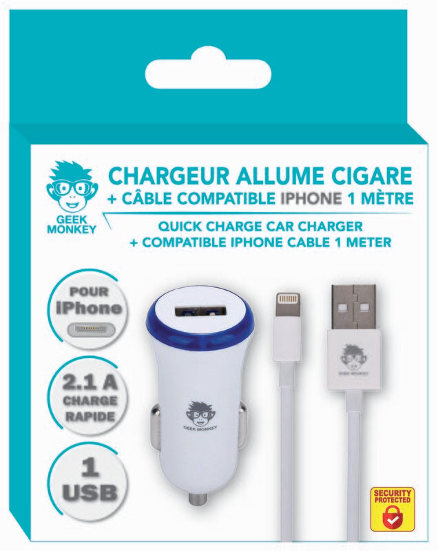 CHARGEUR ALLUME CIGARE 1 USB 2.1A+CABLE IPHONE QUICK CHARGE *