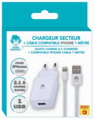 CHARGEUR SECTEUR 1 USB 2.1A QUICK CHARGE + CABLE IPHONE *