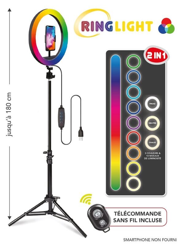 RING LIGHT 25 CM 48 COULEURS TREPIED 180 CM + TELECOMANDE SANS FIL *