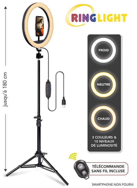 RING LIGHT 25 CM 3 COULEURS TREPIED 180 CM + TELECOMANDE SANS FIL *