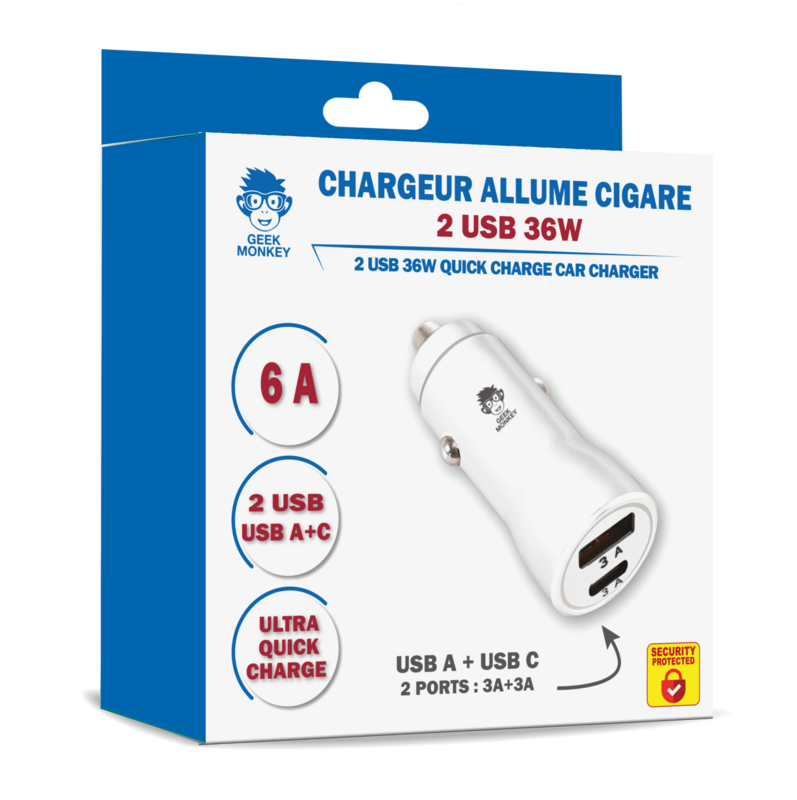 CHARGEUR ALLUME CIGARE 1 USB TYPE A + 1 USB TYPE C QUICK CHARGE *