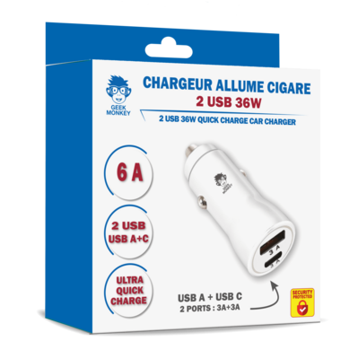 CHARGEUR ALLUME CIGARE 1 USB TYPE A + 1 USB TYPE C QUICK CHARGE *