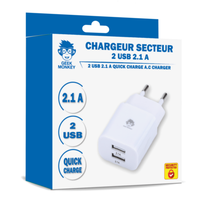 CHARGEUR SECTEUR 2 USB 2.1A QUICK CHARGE *
