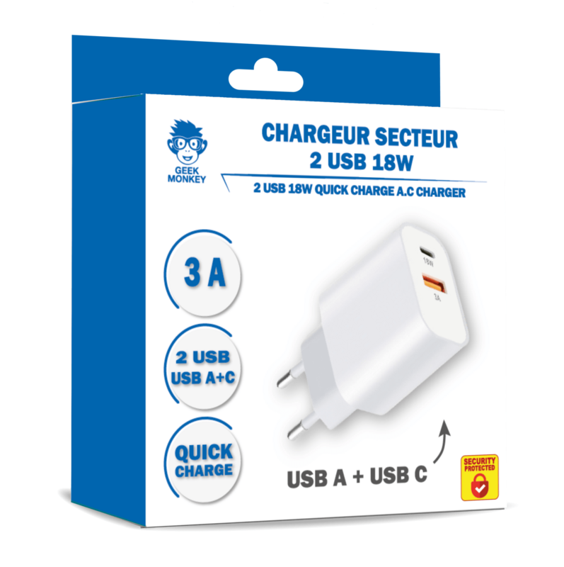 CHARGEUR SECTEUR 1 USB TYPE A + 1 USB TYPE C QUICK CHARGE *
