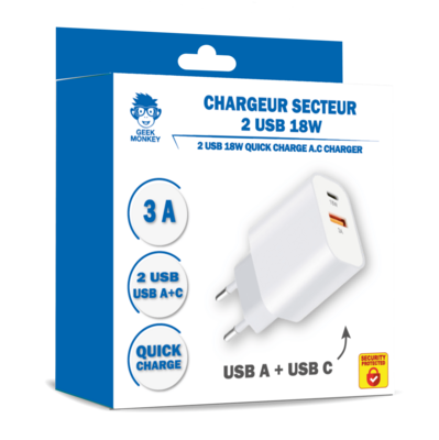 CHARGEUR SECTEUR 1 USB TYPE A + 1 USB TYPE C QUICK CHARGE *