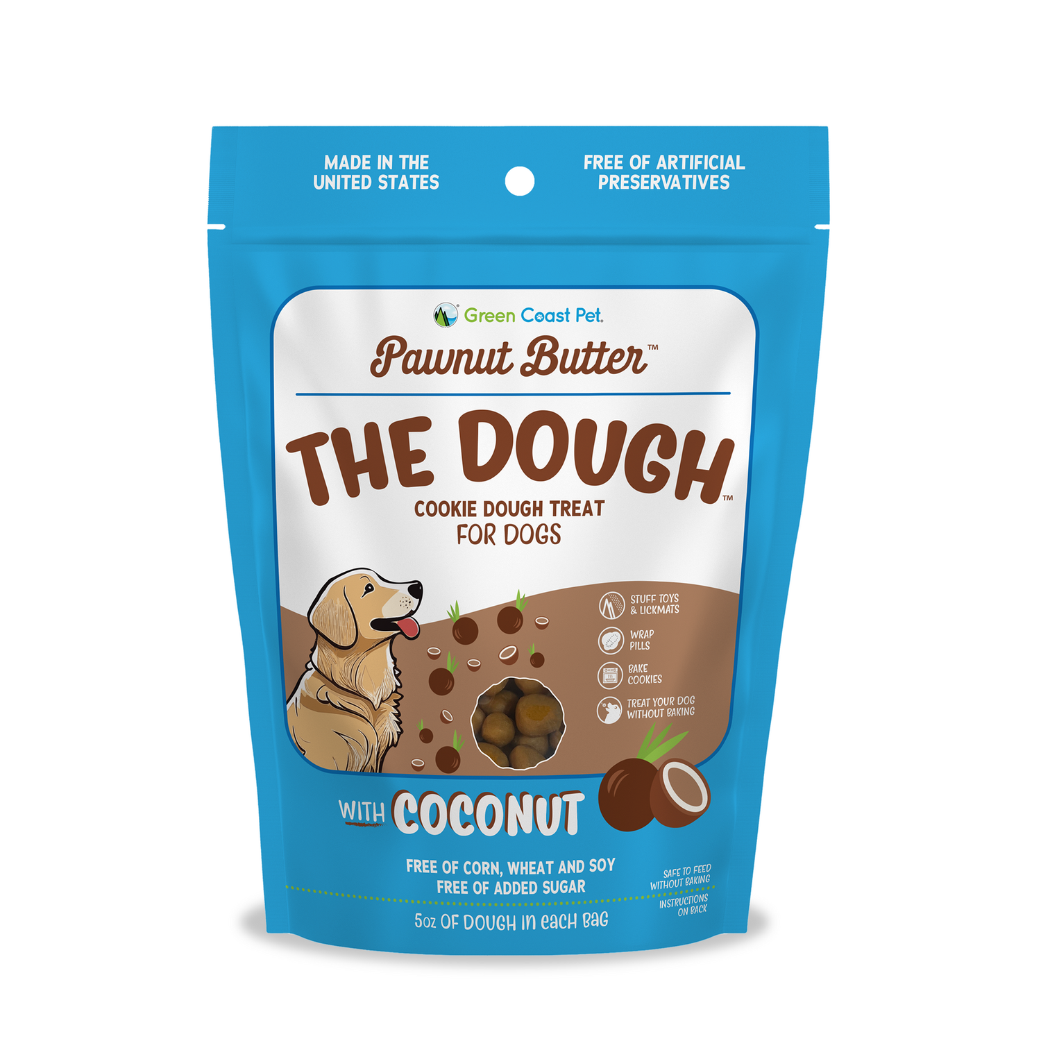 Pawnut Butter THE DOUGH with Coconut: A soft cookie dough dog treat. Fill toys, wrap pills, bake cookies