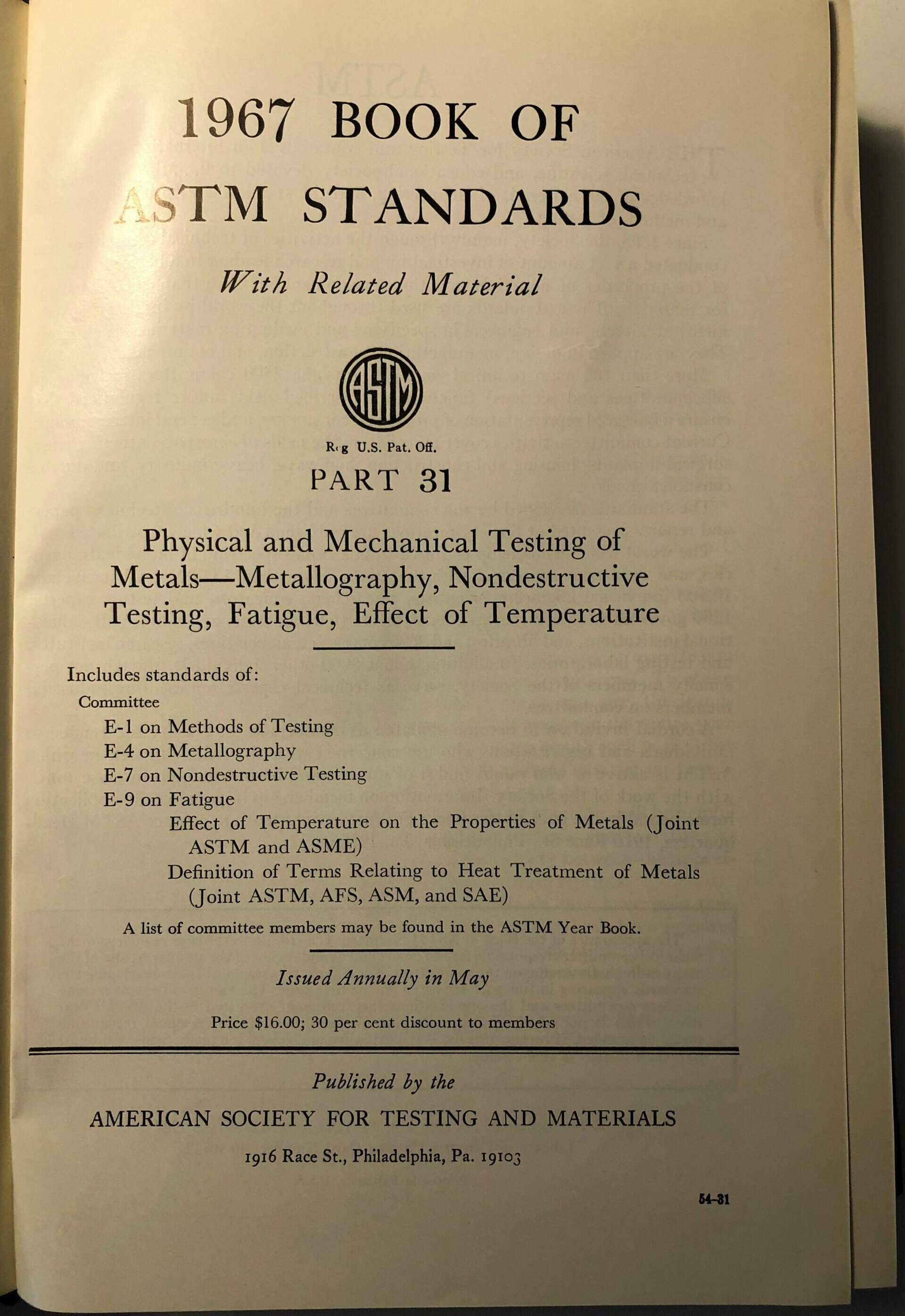 1967 Book of astm standards Physical and mechanical testing of metals, nondestructive tests part 31