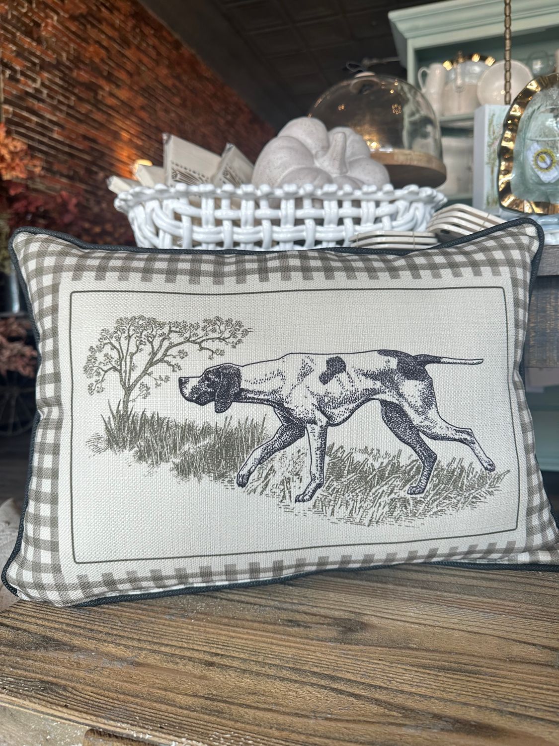 Gingham Hunting Dog Pillow