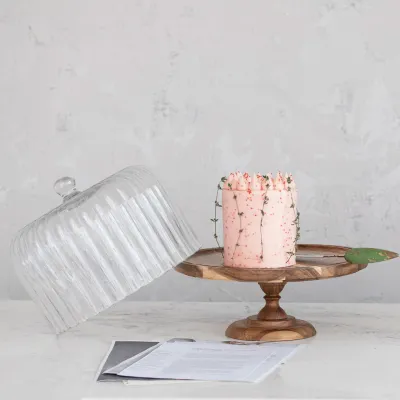 Glass Cake Stand w/Wood Base