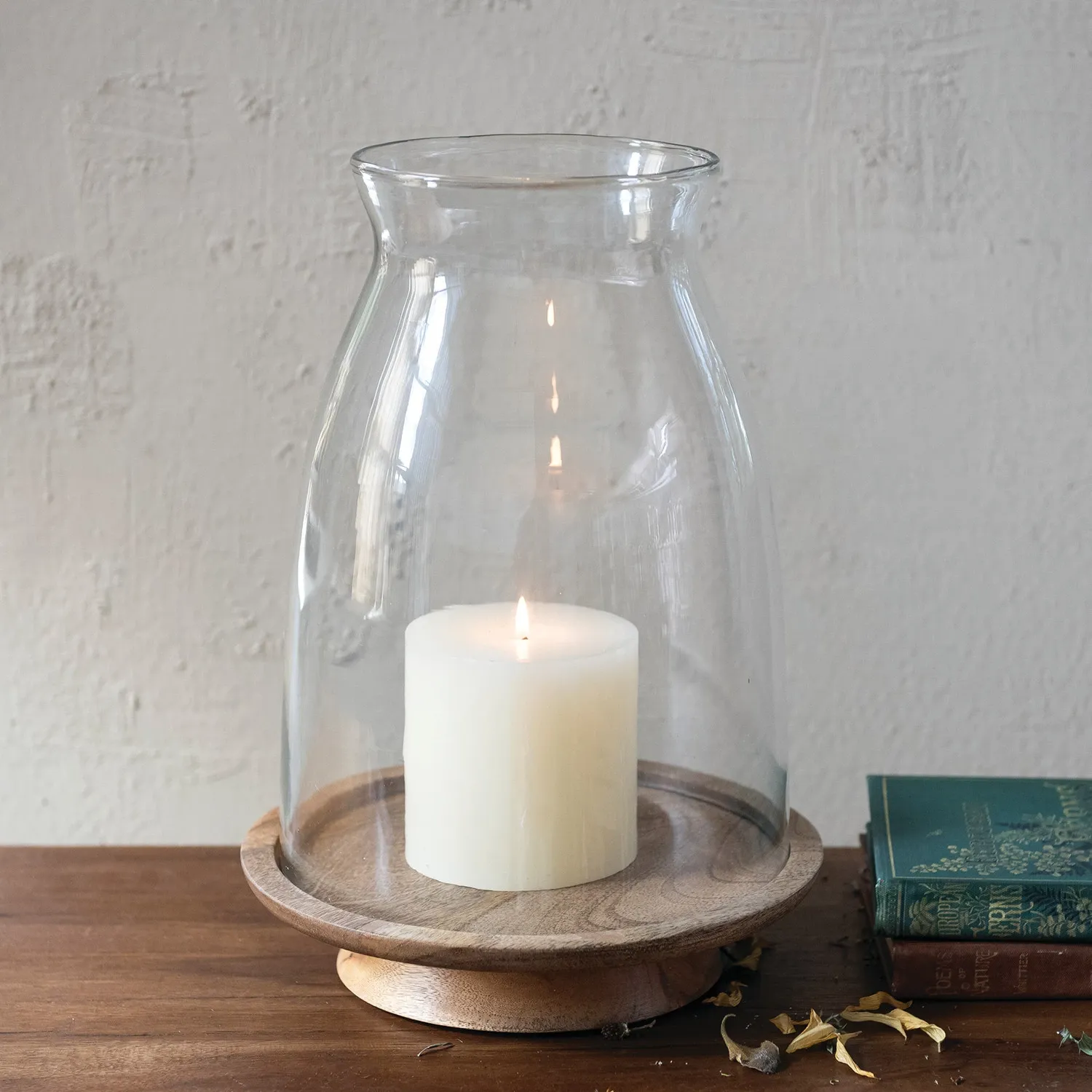 Glass Hurricane w/Mango Wood Base