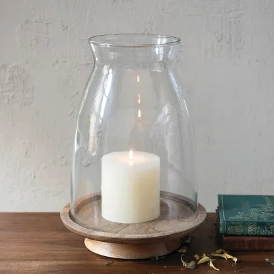 Glass Hurricane w/Mango Wood Base