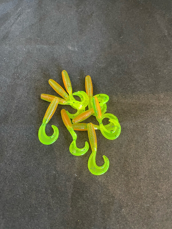 Grub’s 1.5” Orange Green , Chartreuse Tail’s