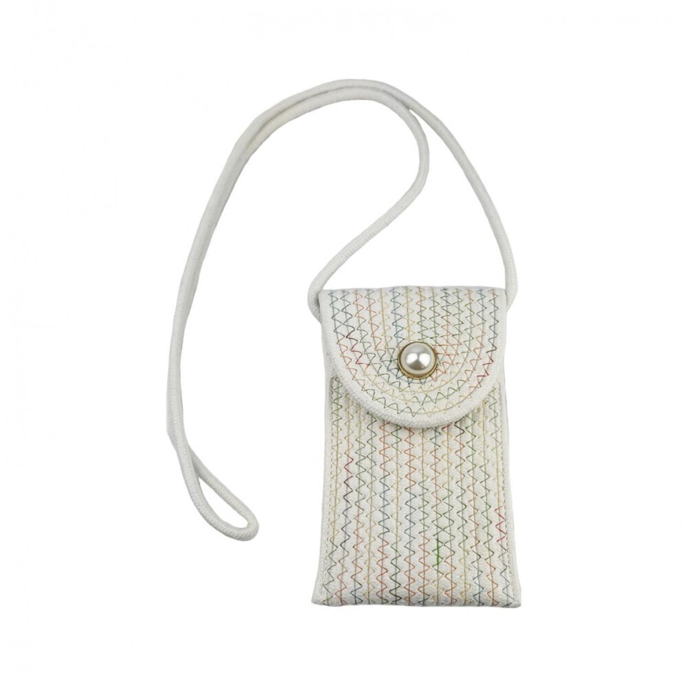 Woven Cross Body Bag Featuring a Faux Pearl Accent.