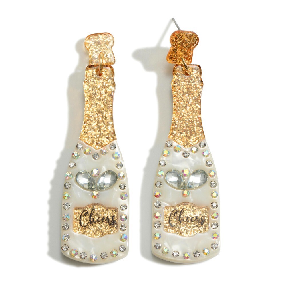 Glittered Acetate Cheers Champagne Bottle Drop Earrings