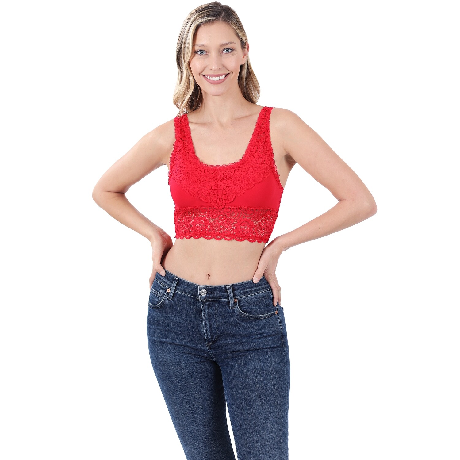 Zenana Seamless Stretch Lace Bra Top: S/M - Ruby Red