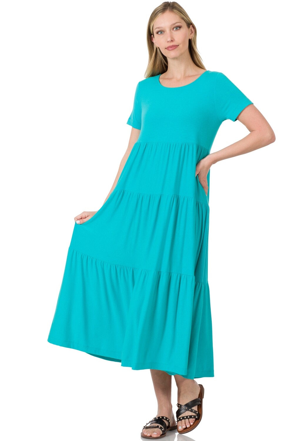 Zenana Tiered Midi Dress- Ice Blue- XL