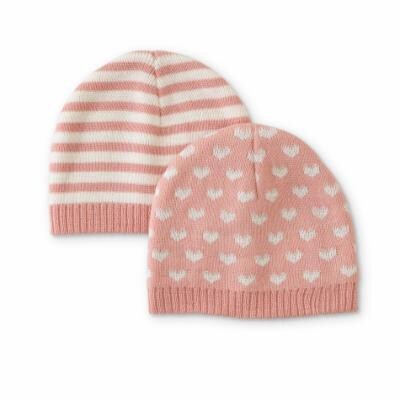 WonderKids Toddler Girls 2 pack beanies- Hearts and Stripes- Light Pink