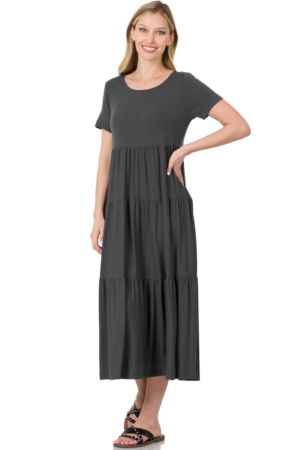 Zenana Tiered Midi Dress- Dark Gray- 3X