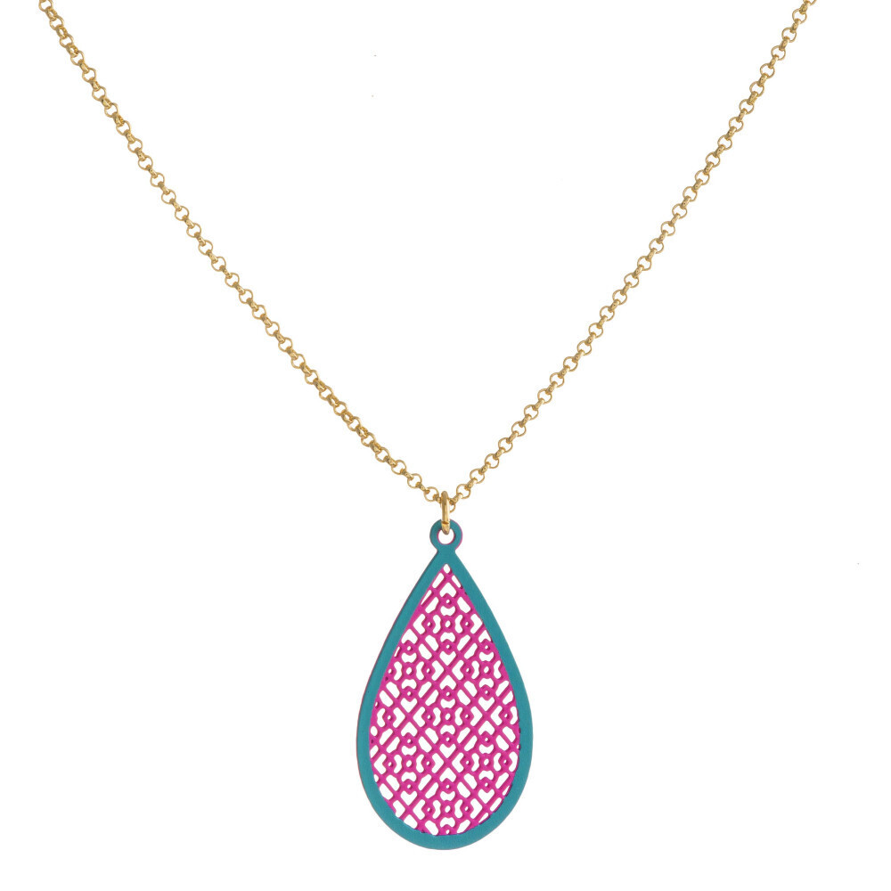 Rolo Chain Necklace with Teardrop Filigree Pendant- Teal and Bright Pink