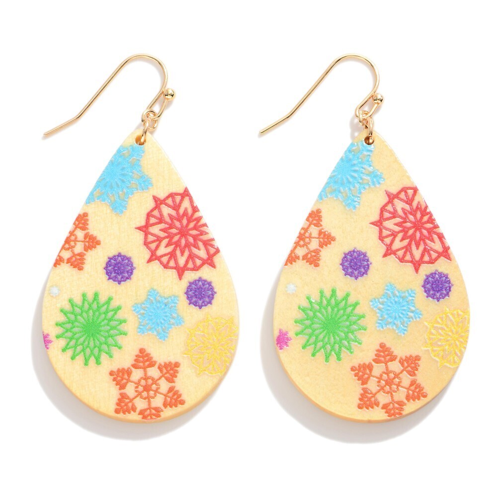 Wooden Teardrop Snowflake Earrings