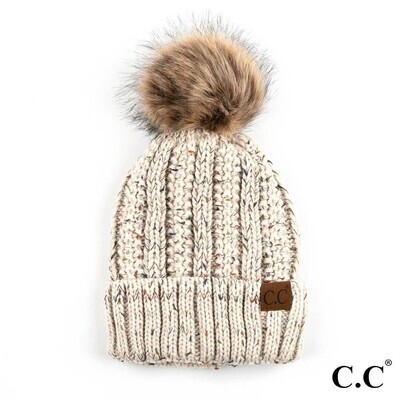 CC Fuzzy Lined Knit Beanie With Faux Fur Pom
- Oatmeal