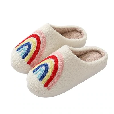 Fuzzy House Shoes- White with Rainbow- Size 39-40