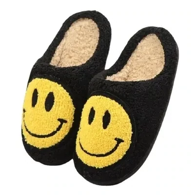 Fuzzy House Shoes- Black and Yellow Smiley Face- Size 37-38