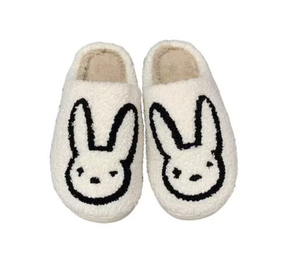 Fuzzy House Shoes- White with Black Bunny Outline- Size 37-38
