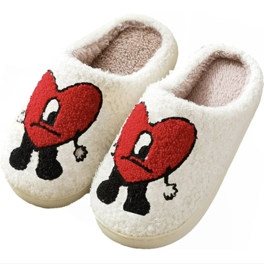 Fuzzy House Shoes- White with Heart Person- Size 41-42