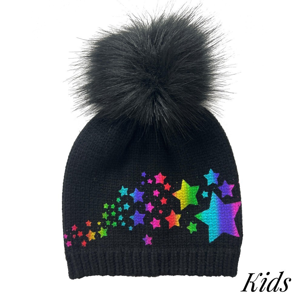 Kids Knit Beanie with Metallic Star Print and Faux Fur Pom- Ages 6-12