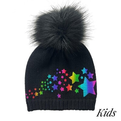 Kids Knit Beanie with Metallic Star Print and Faux Fur Pom- Ages 6-12