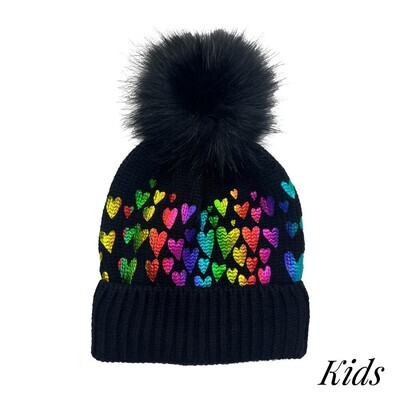 Kids Knit Beanie with Metallic Heart Print and Faux Fur Pom- Ages 6-12