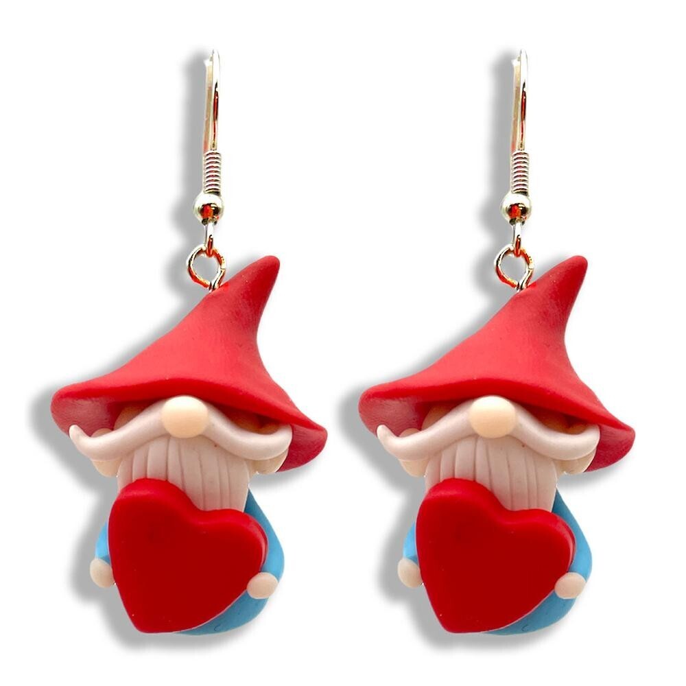 Valentine&#39;s Day Polymer Clay Drop Earrings- Gnome