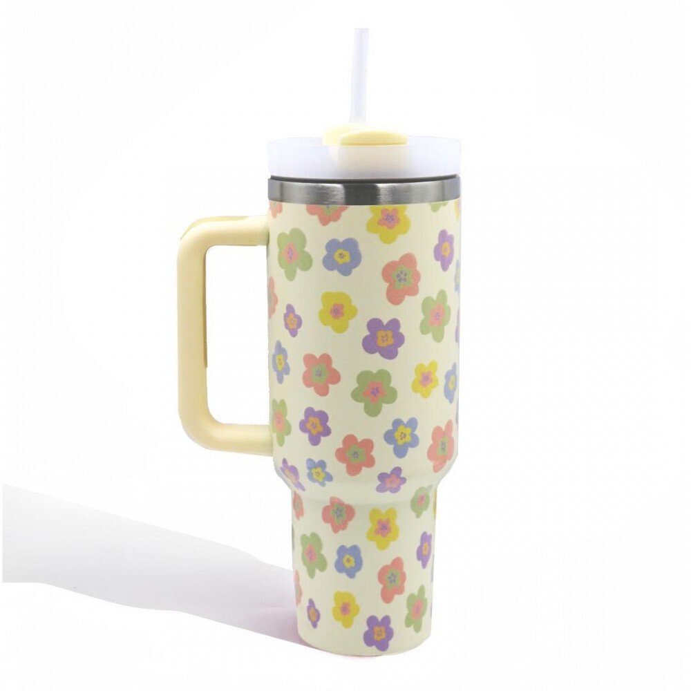 40oz Double Wall Stainless Vacuum Tumbler with Handle- Cream Flower