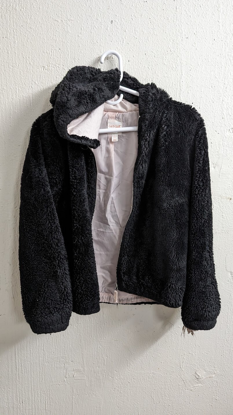 Girls Fuzzy Coat- Black and Pink- Size XL 14/16