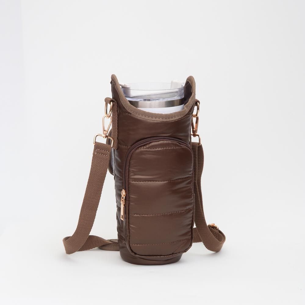Padded Quilted Cross Body Bag for Tumbler with Leather Trip Featuring Velcro Closure