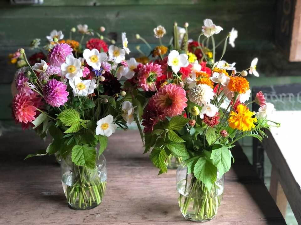 flowers on a workbench